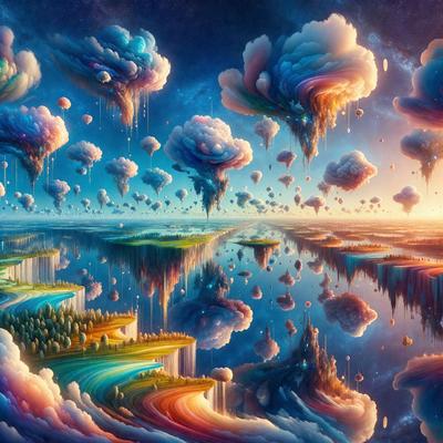 The primary subject of the image is a colorful, whimsical scene featuring a variety of floating objects, such as clouds, balloons, and kites. The setting is a blue sky, and the visual style is a combination of digital art and illustration. The colors and mood of the image are vibrant, lively, and imaginative, creating a sense of wonder and playfulness.